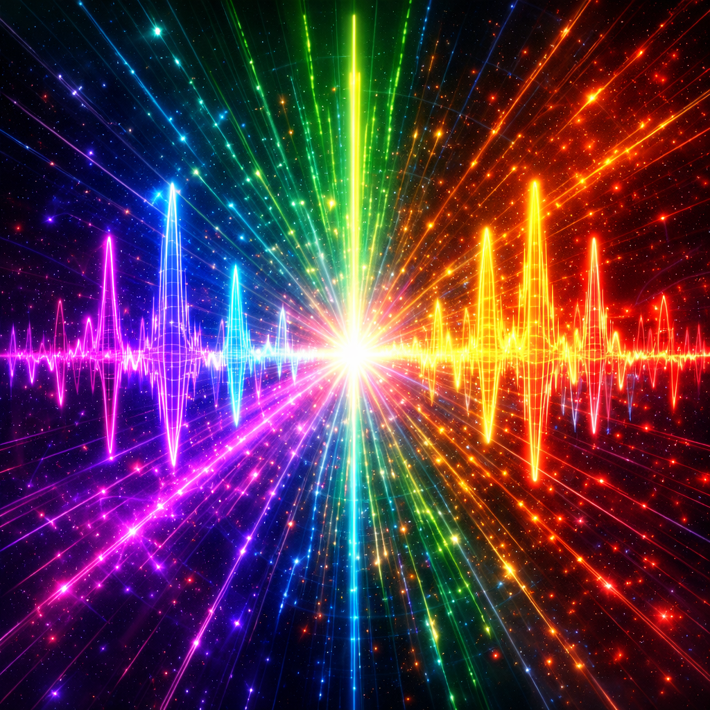 Bright explosion in space with rainbow-colored light rays extending outward